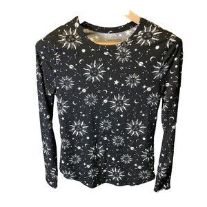 No Boundaries Black White Waffle Texture Long Sleeve Celestial Pattern Top Sz L
